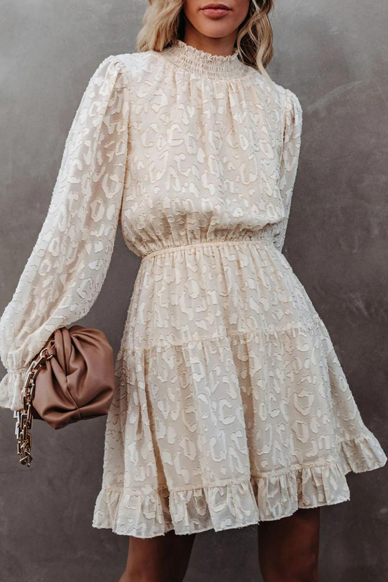 WOMEN LONG SLEEVE RUFFLED HIGH NECK LACE DRESS