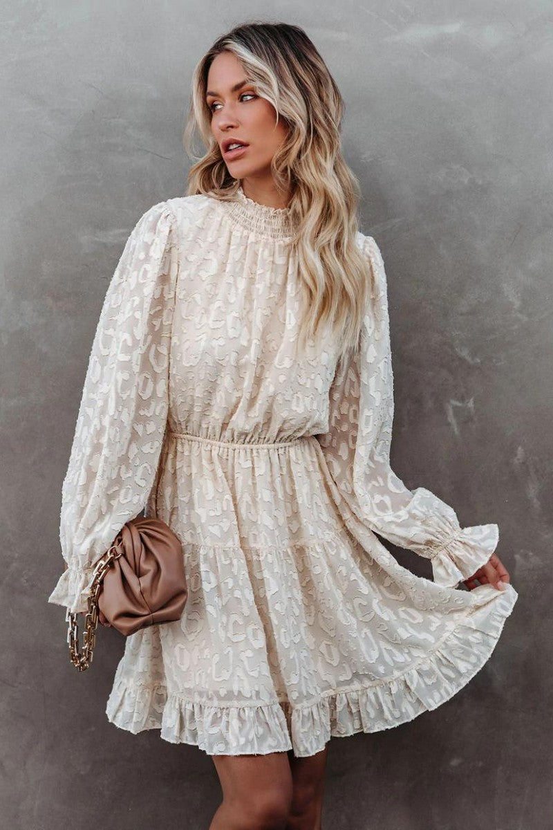 WOMEN LONG SLEEVE RUFFLED HIGH NECK LACE DRESS