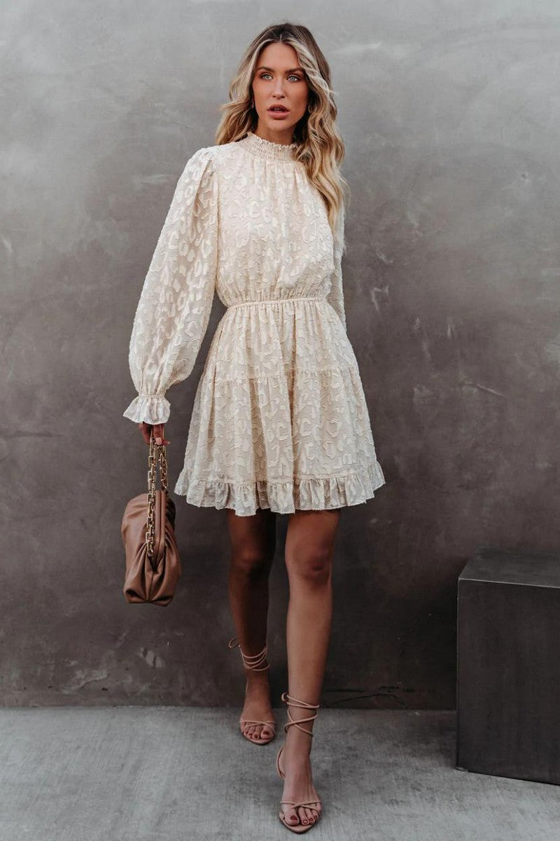 WOMEN LONG SLEEVE RUFFLED HIGH NECK LACE DRESS