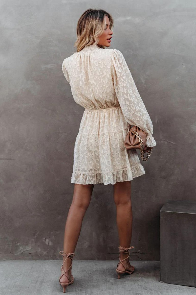 WOMEN LONG SLEEVE RUFFLED HIGH NECK LACE DRESS