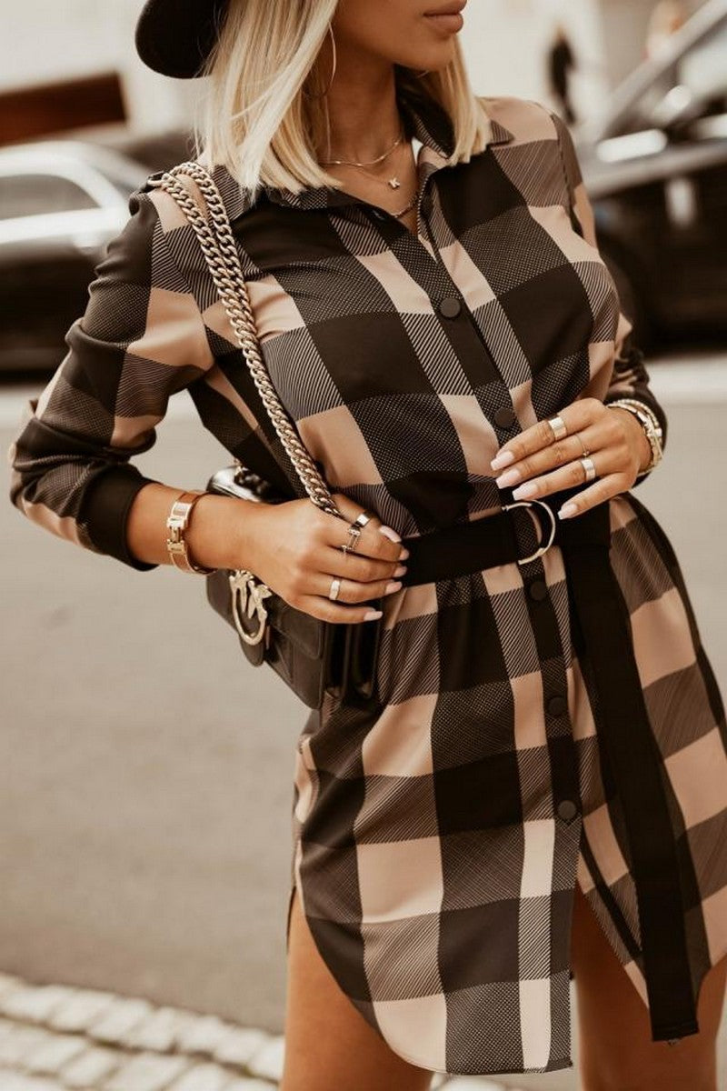 WOMEN LONG SLEEVE BUTTON UP PLAID DRESS SHIRT