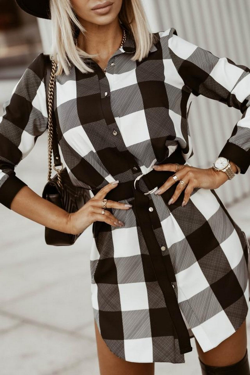 WOMEN LONG SLEEVE BUTTON UP PLAID DRESS SHIRT