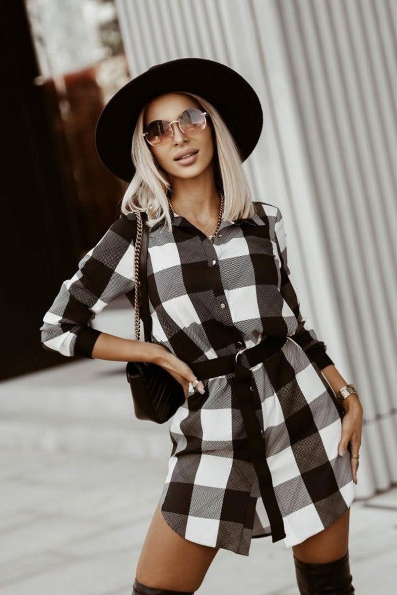 WOMEN LONG SLEEVE BUTTON UP PLAID DRESS SHIRT