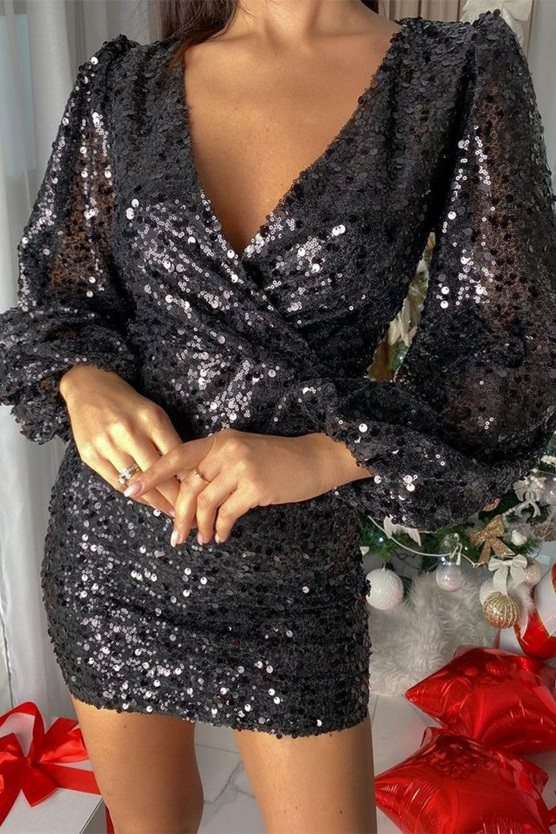 WOMEN SEXY SEQUIN CROSS WRAP PARTY DRESS