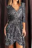 WOMEN SEXY V NECK BELTED SEQUIN PARTY DRESS