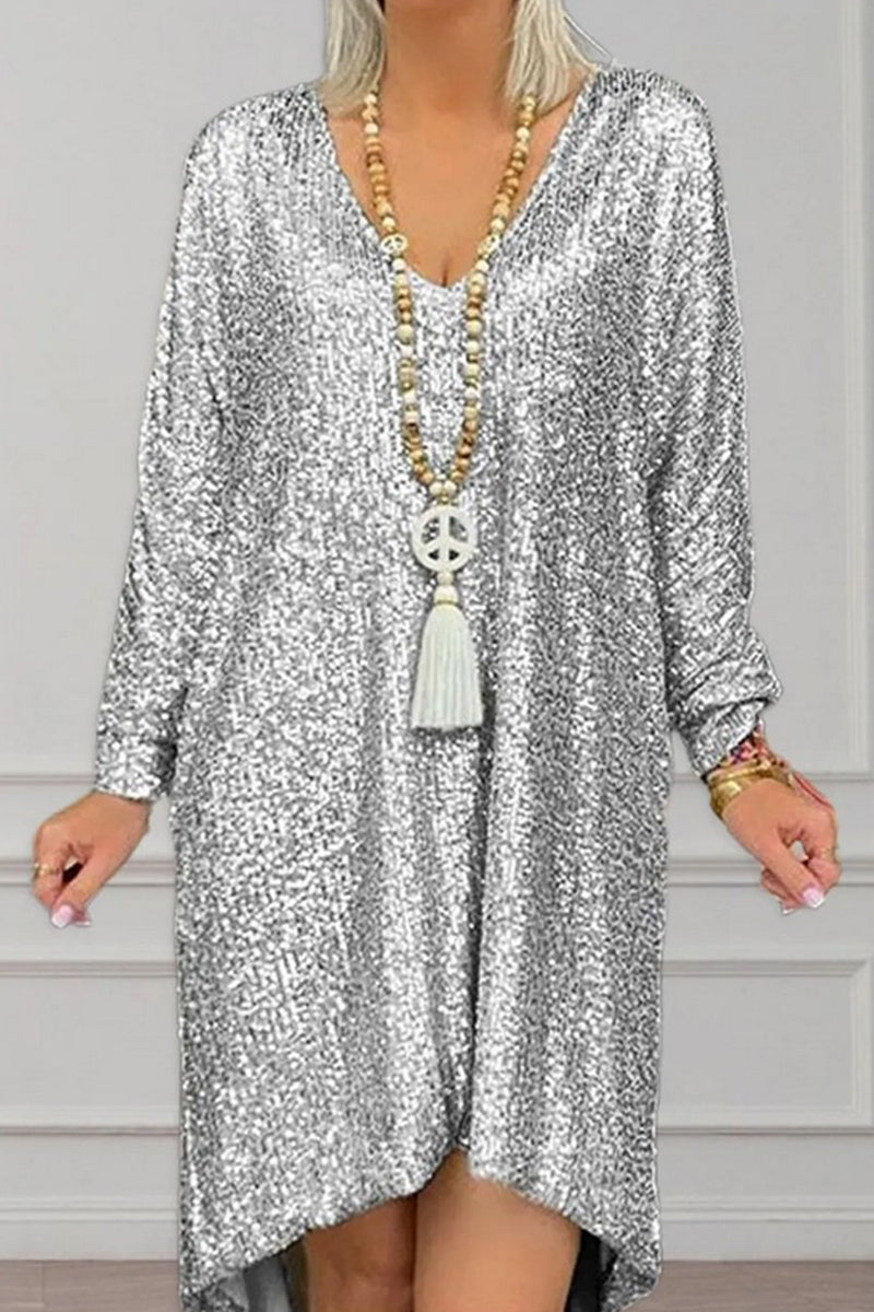 WOMEN LOOSE FIT LONG SLEEVE SEQUIN PARTY DRESS