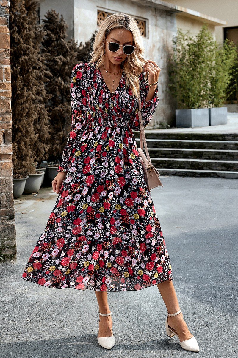 WOMEN HIGH WAIST LONG SLEEVE FLORAL FLOWY DRESS