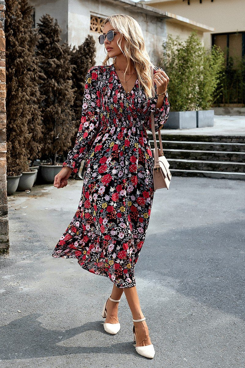 WOMEN HIGH WAIST LONG SLEEVE FLORAL FLOWY DRESS