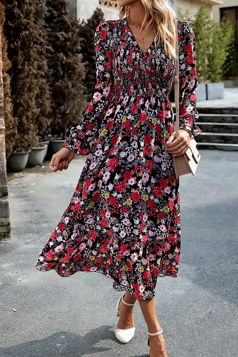 WOMEN HIGH WAIST LONG SLEEVE FLORAL FLOWY DRESS