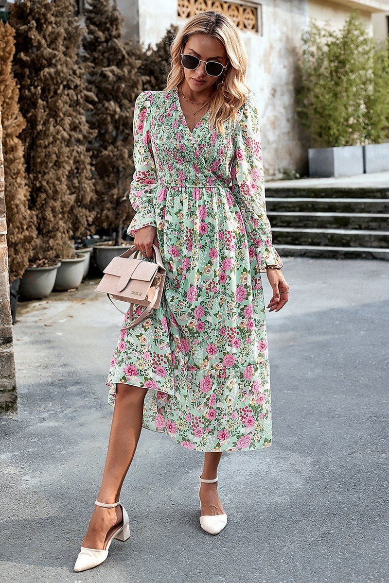 WOMEN HIGH WAIST LONG SLEEVE FLORAL FLOWY DRESS