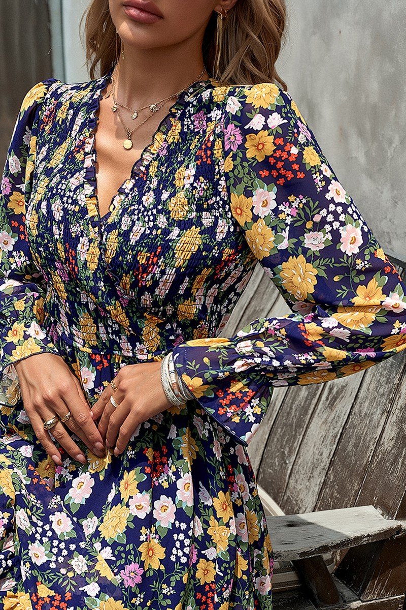 WOMEN HIGH WAIST LONG SLEEVE FLORAL FLOWY DRESS