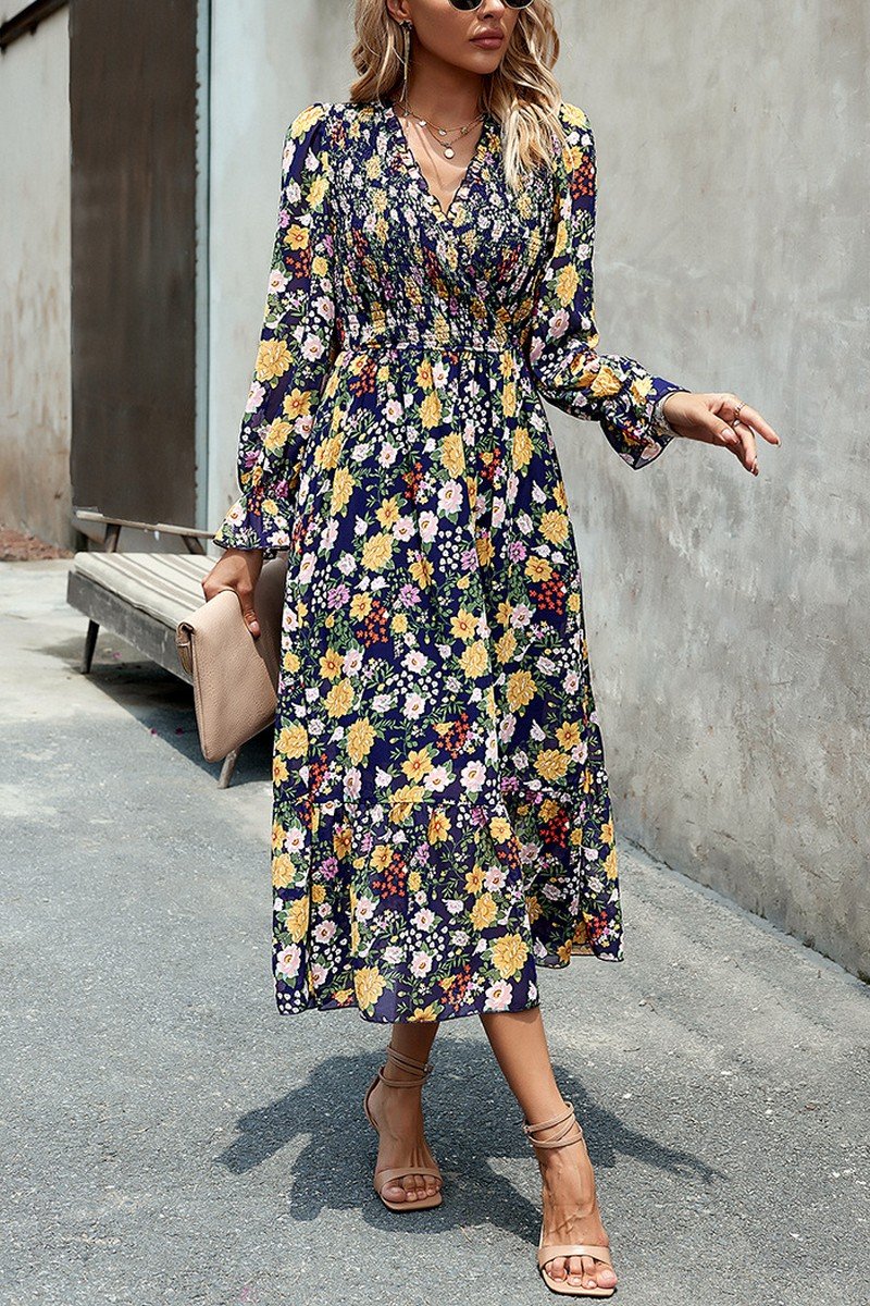 WOMEN HIGH WAIST LONG SLEEVE FLORAL FLOWY DRESS