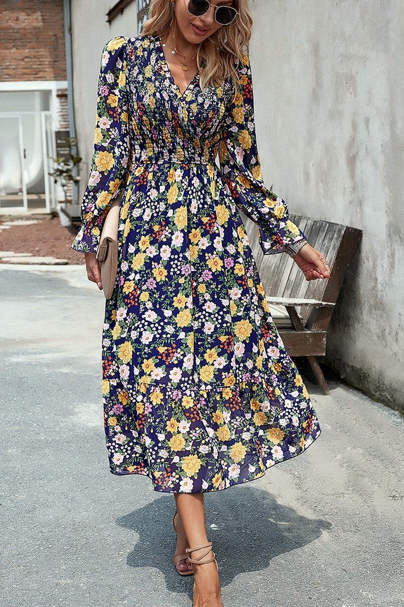 WOMEN HIGH WAIST LONG SLEEVE FLORAL FLOWY DRESS