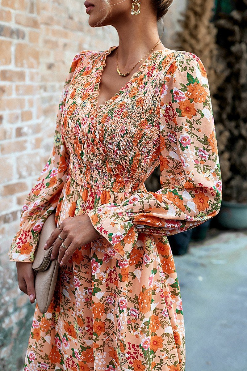 WOMEN HIGH WAIST LONG SLEEVE FLORAL FLOWY DRESS