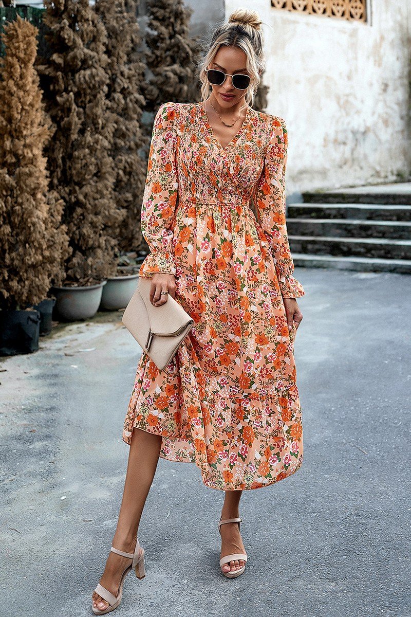 WOMEN HIGH WAIST LONG SLEEVE FLORAL FLOWY DRESS