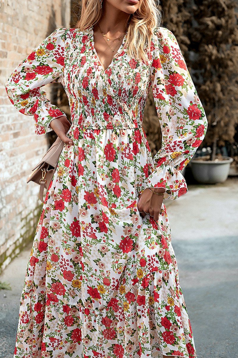 WOMEN HIGH WAIST LONG SLEEVE FLORAL FLOWY DRESS