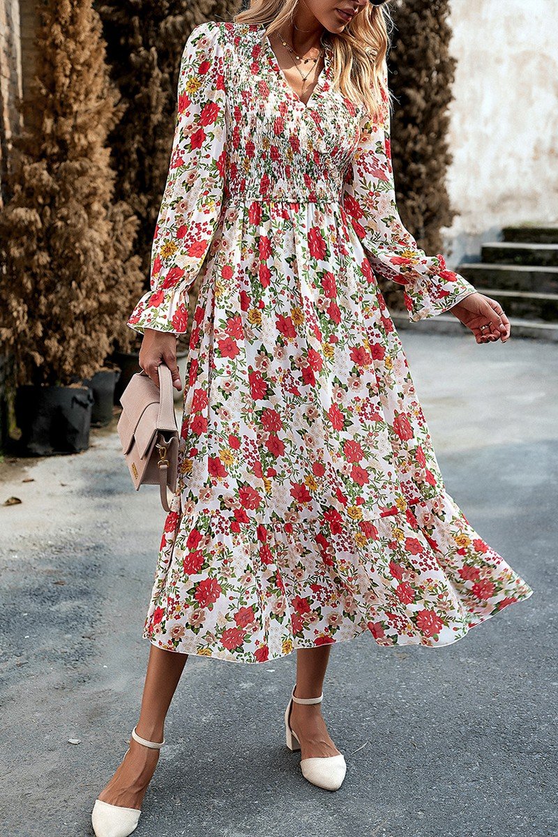 WOMEN HIGH WAIST LONG SLEEVE FLORAL FLOWY DRESS