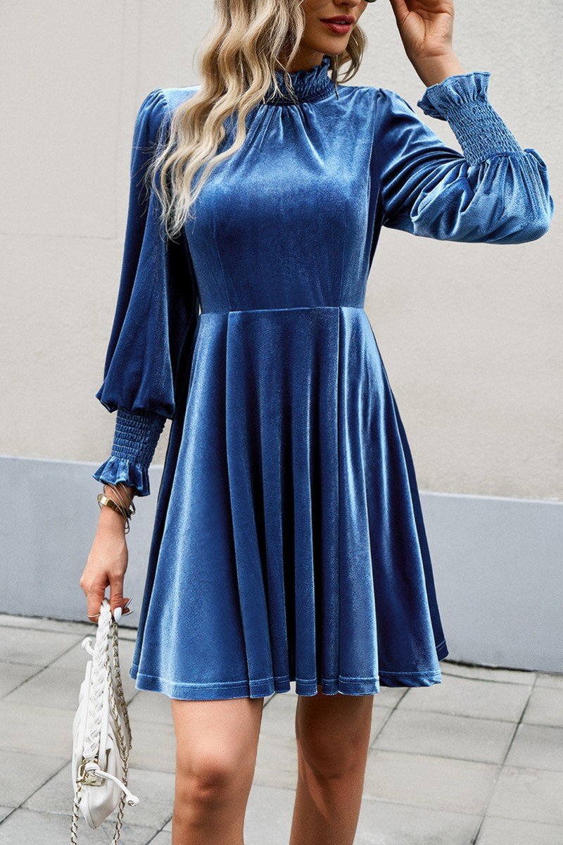 WOMEN HIGH RUFFLED NECK LONG SLEEVE SHORT DRESS