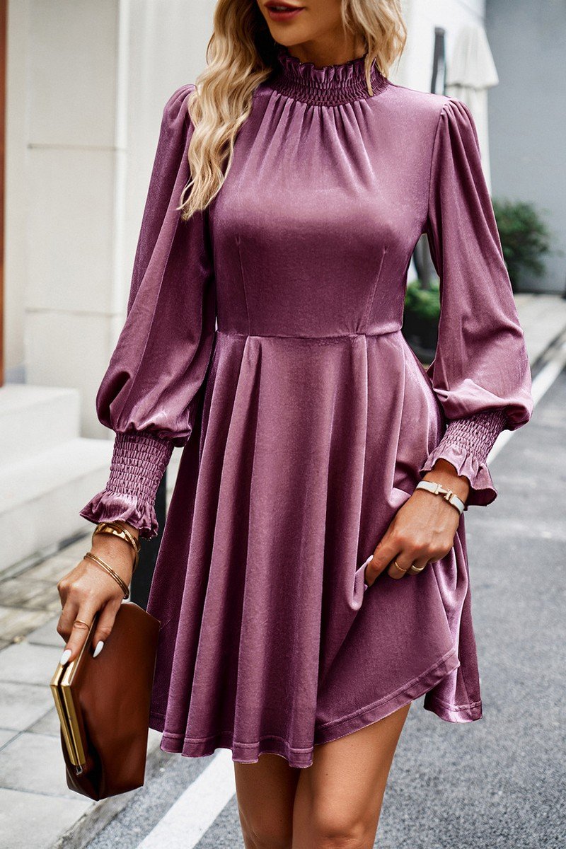 WOMEN HIGH RUFFLED NECK LONG SLEEVE SHORT DRESS