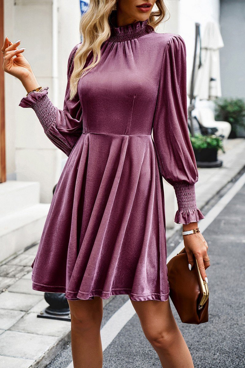 WOMEN HIGH RUFFLED NECK LONG SLEEVE SHORT DRESS