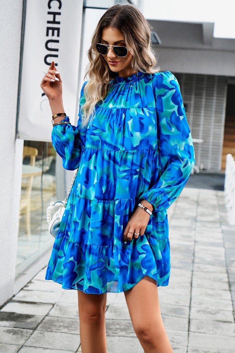 WOMEN HIGH NECK LONG SLEEVE FLORAL PATTERN DRESS