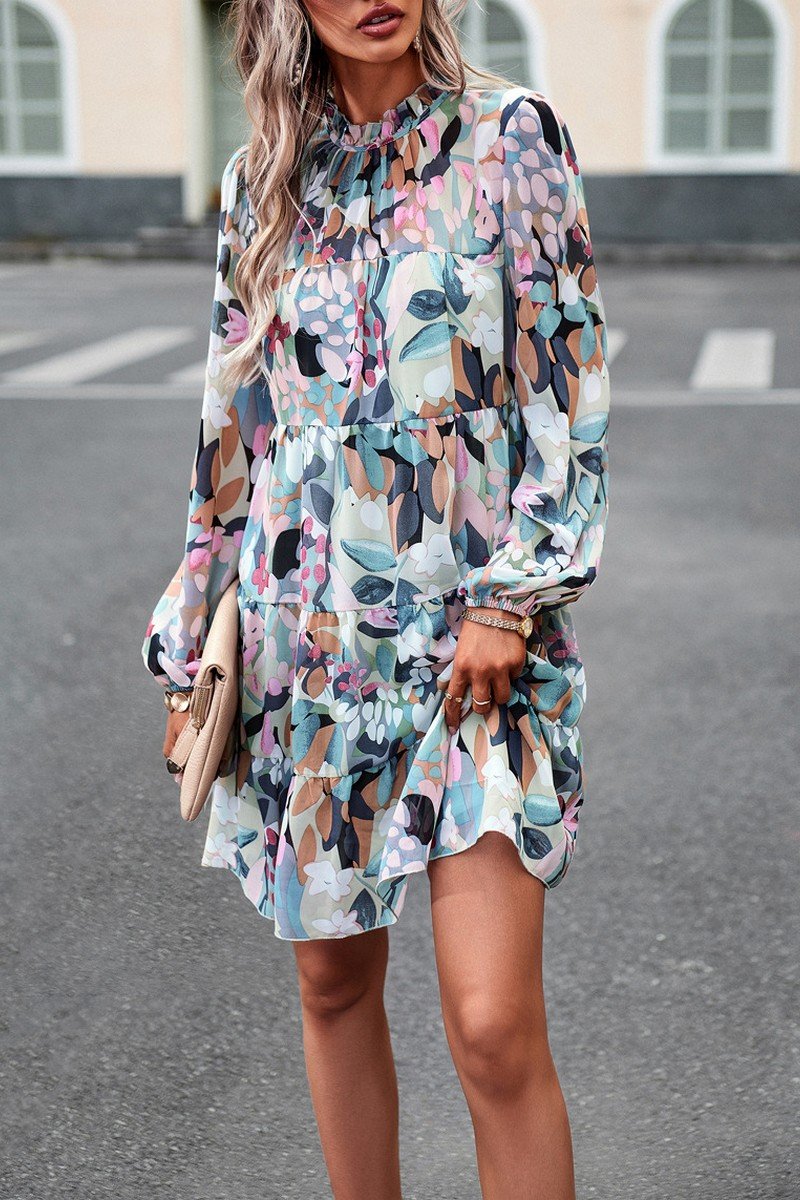 WOMEN HIGH NECK LONG SLEEVE FLORAL PATTERN DRESS