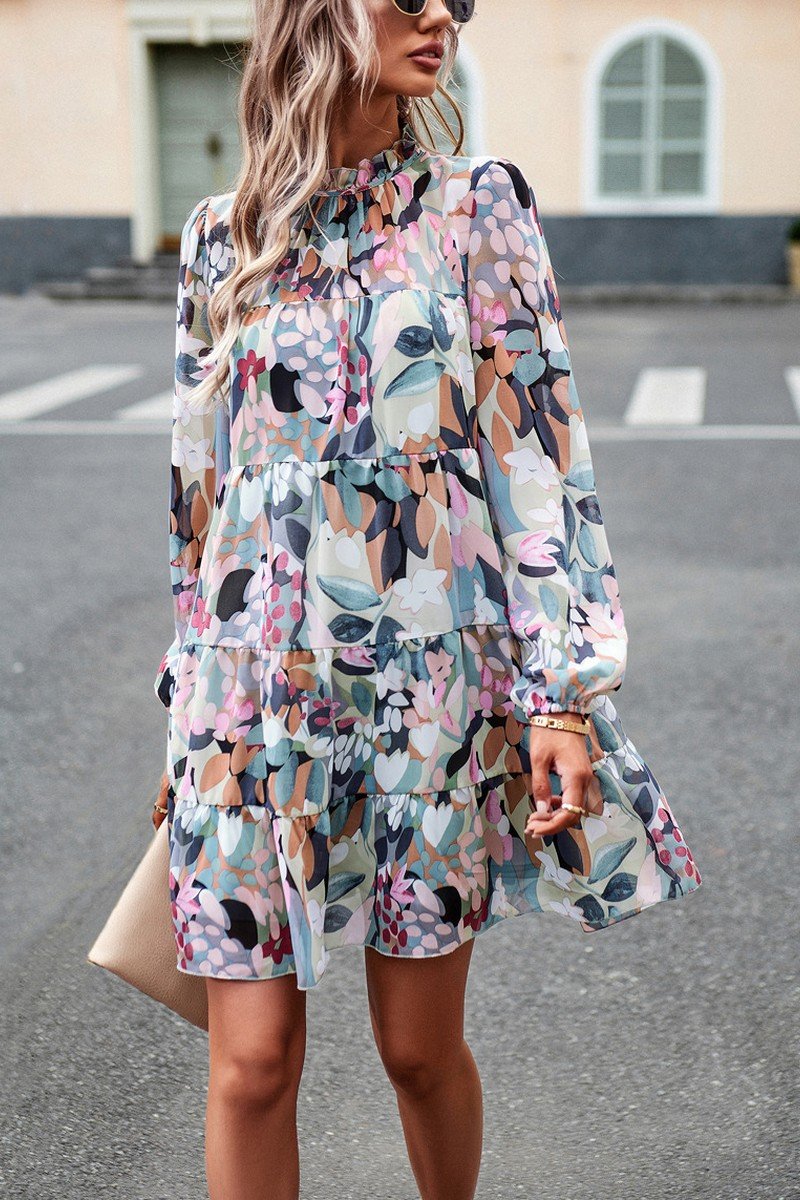 WOMEN HIGH NECK LONG SLEEVE FLORAL PATTERN DRESS