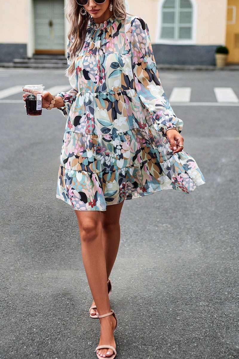 WOMEN HIGH NECK LONG SLEEVE FLORAL PATTERN DRESS