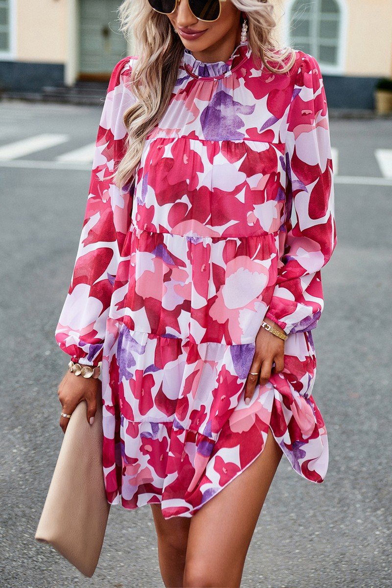 WOMEN HIGH NECK LONG SLEEVE FLORAL PATTERN DRESS