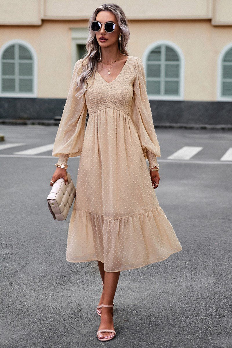 WOMEN LACE HEM V NECK HIGH WAIST SWING DRESS