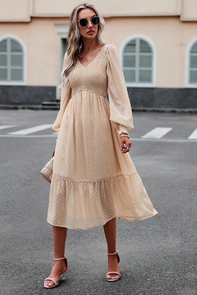 WOMEN LACE HEM V NECK HIGH WAIST SWING DRESS