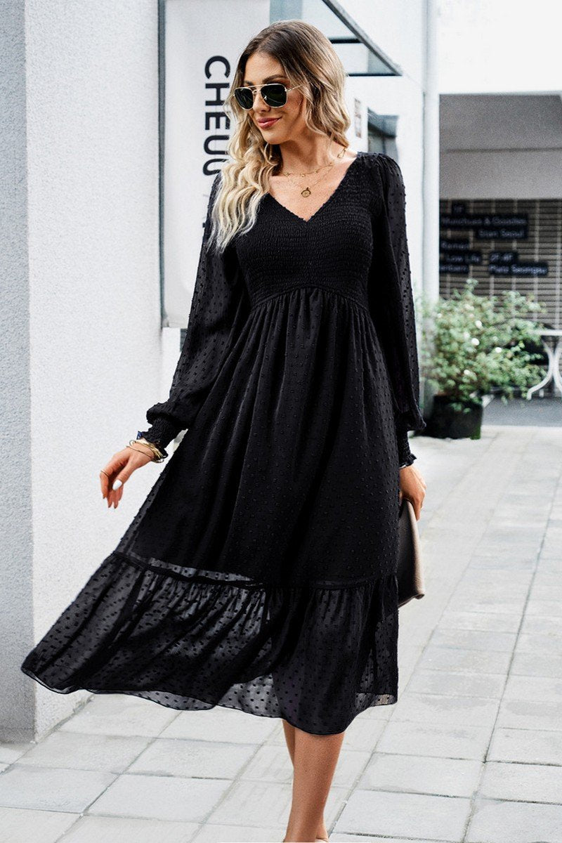 WOMEN LACE HEM V NECK HIGH WAIST SWING DRESS