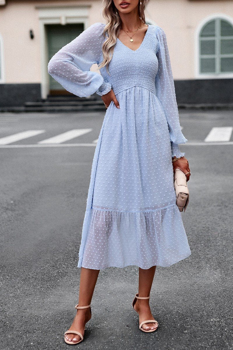 WOMEN LACE HEM V NECK HIGH WAIST SWING DRESS