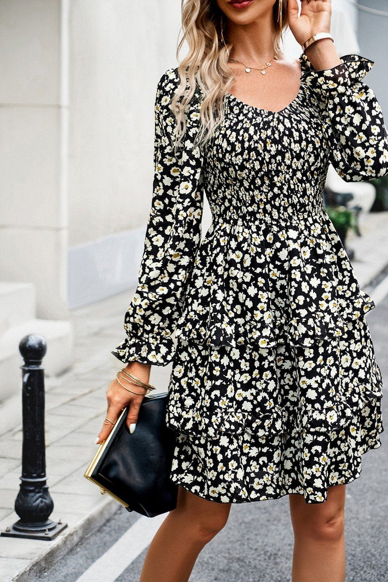 WOMEN LONG SLEEVE RUFFLE TIRED FLORAL FLOWY DRESS