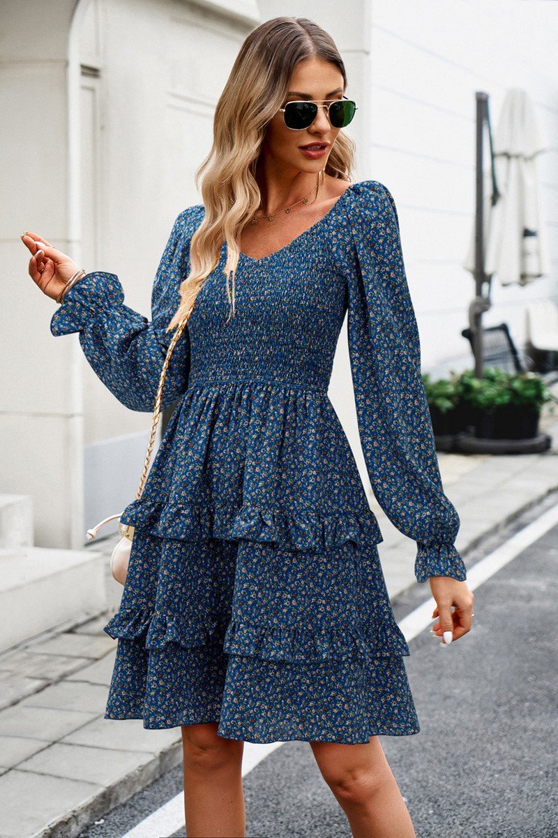 WOMEN LONG SLEEVE RUFFLE TIRED FLORAL FLOWY DRESS