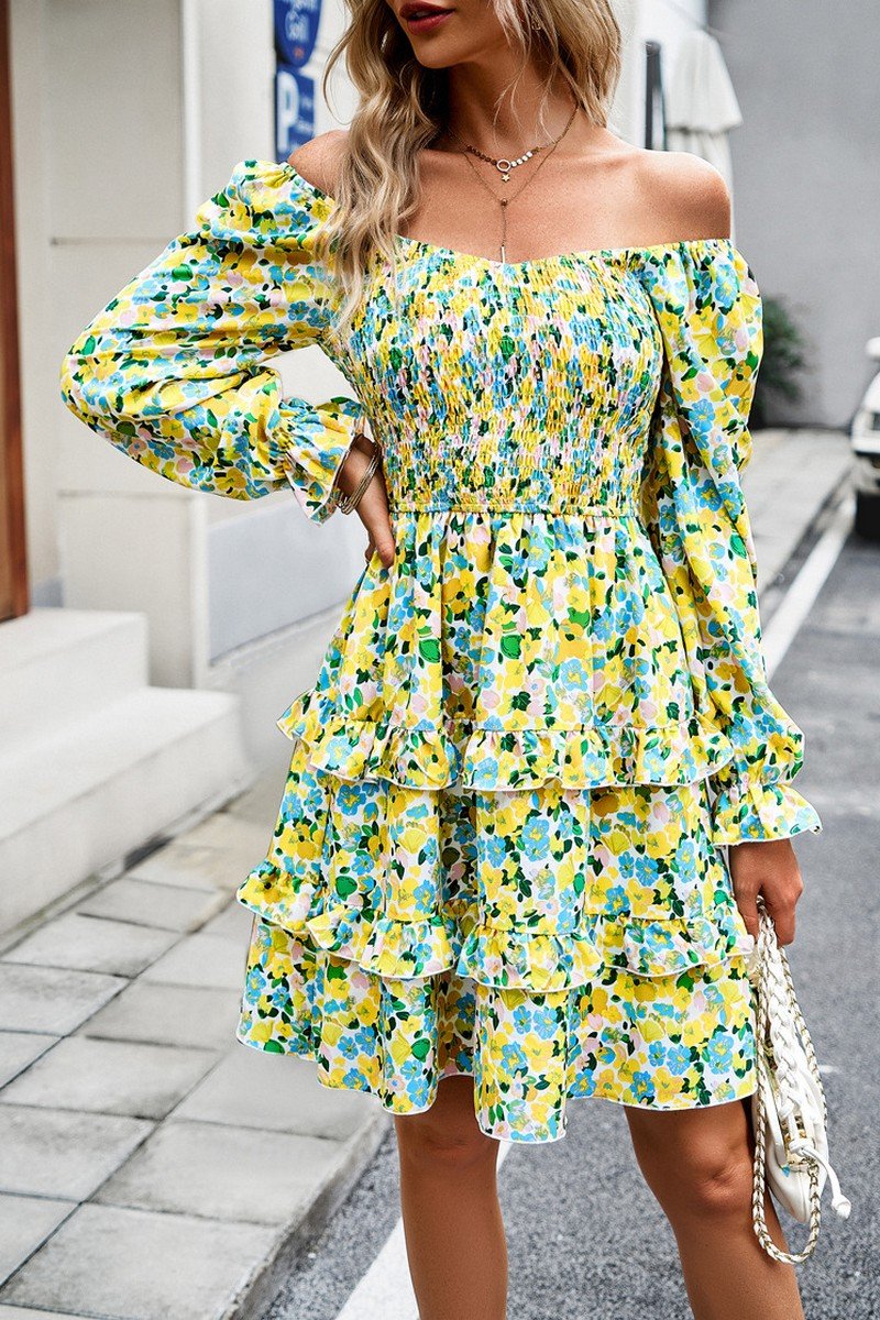 WOMEN LONG SLEEVE RUFFLE TIRED FLORAL FLOWY DRESS