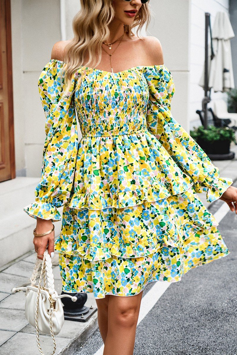 WOMEN LONG SLEEVE RUFFLE TIRED FLORAL FLOWY DRESS