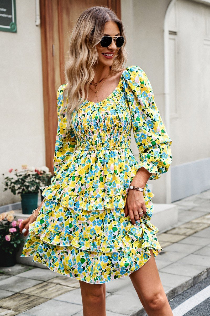 WOMEN LONG SLEEVE RUFFLE TIRED FLORAL FLOWY DRESS