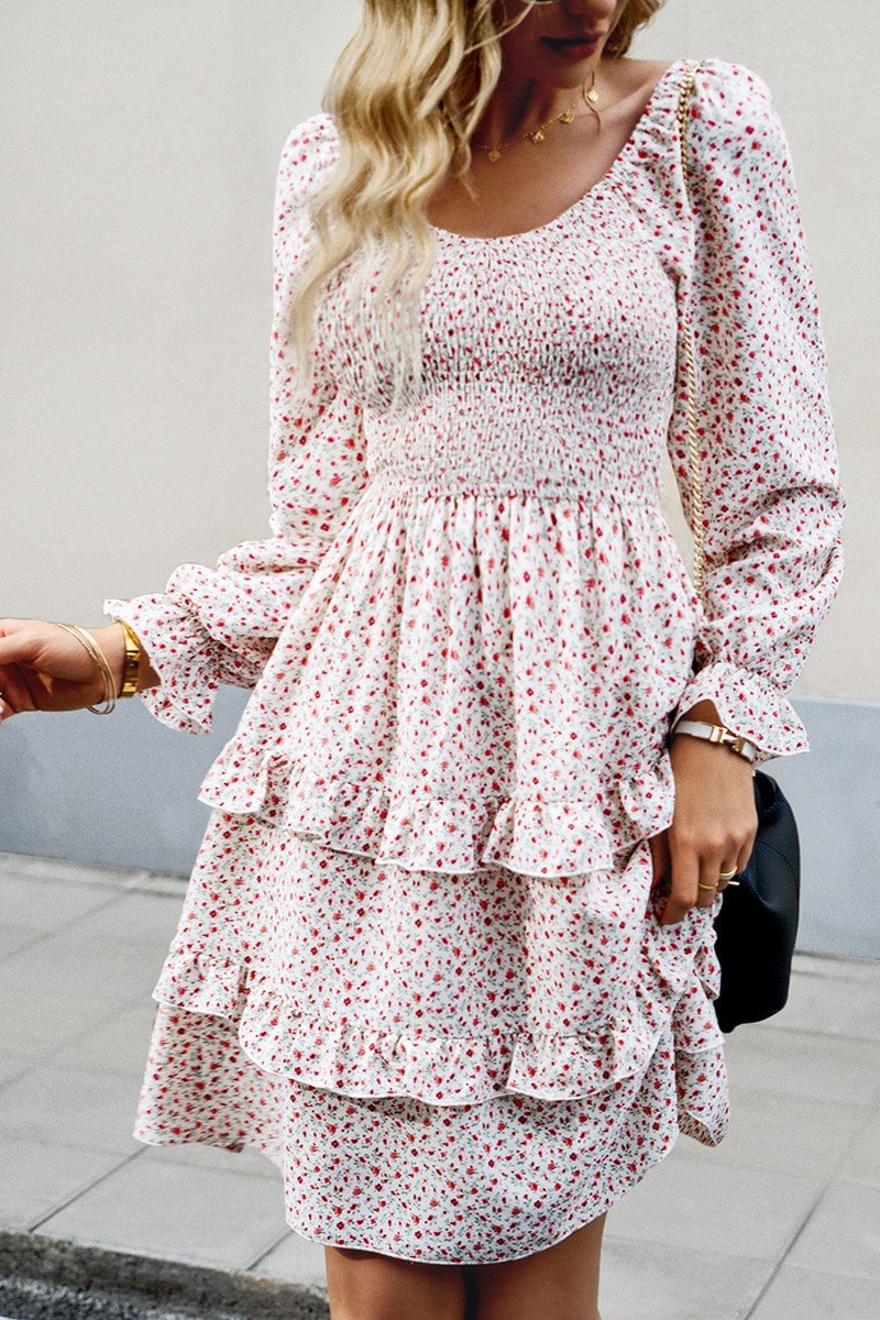 WOMEN LONG SLEEVE RUFFLE TIRED FLORAL FLOWY DRESS