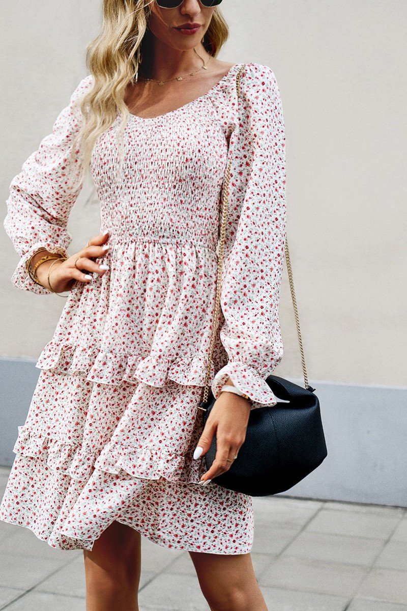 WOMEN LONG SLEEVE RUFFLE TIRED FLORAL FLOWY DRESS