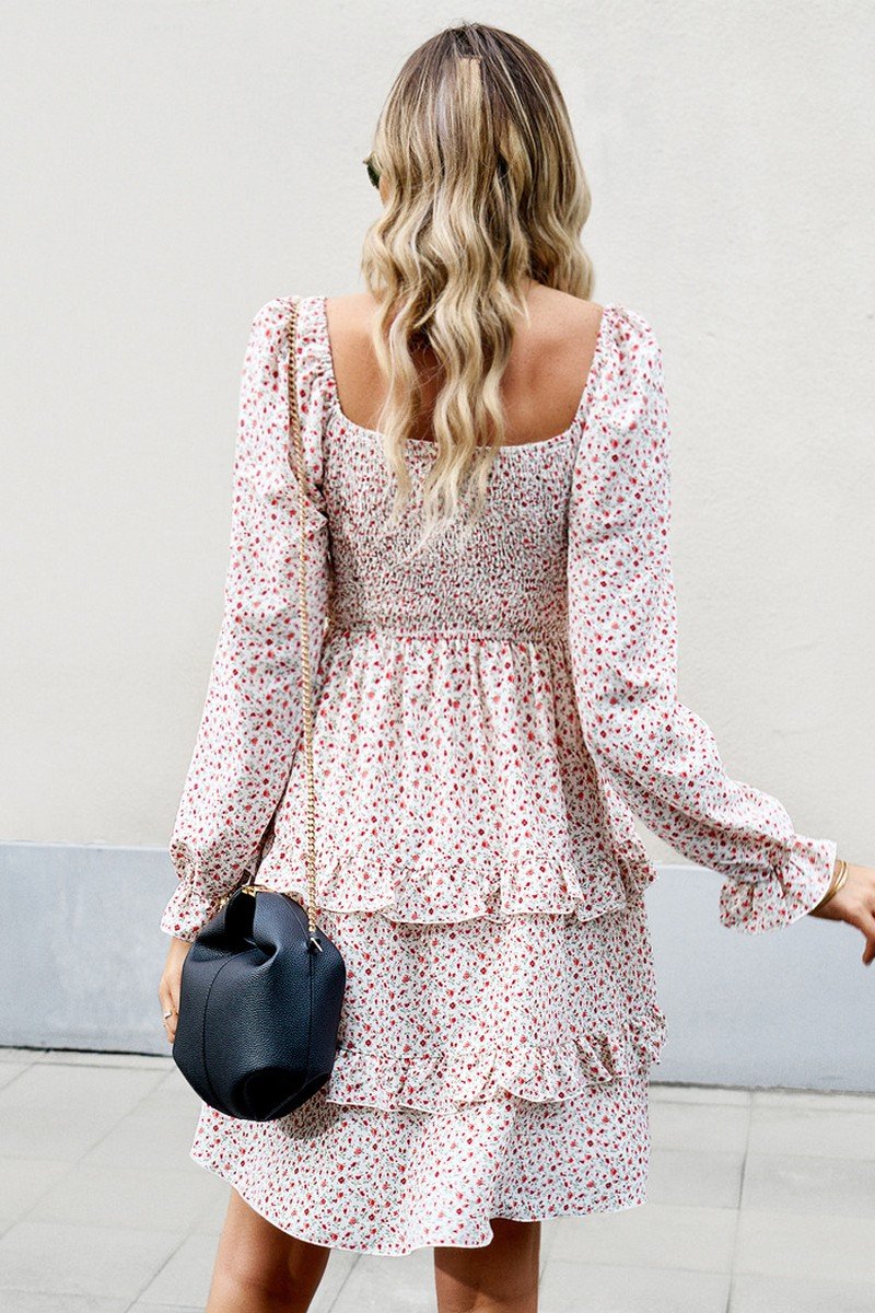 WOMEN LONG SLEEVE RUFFLE TIRED FLORAL FLOWY DRESS