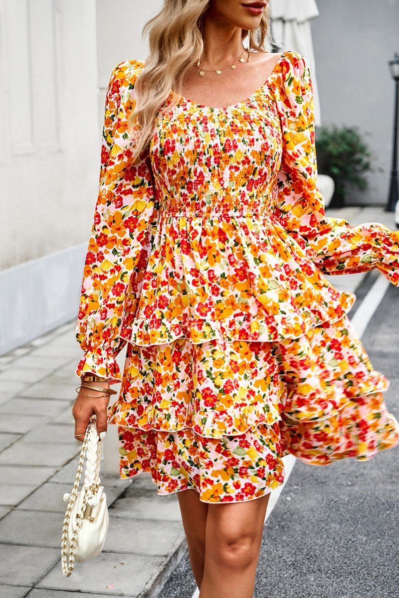 WOMEN LONG SLEEVE RUFFLE TIRED FLORAL FLOWY DRESS