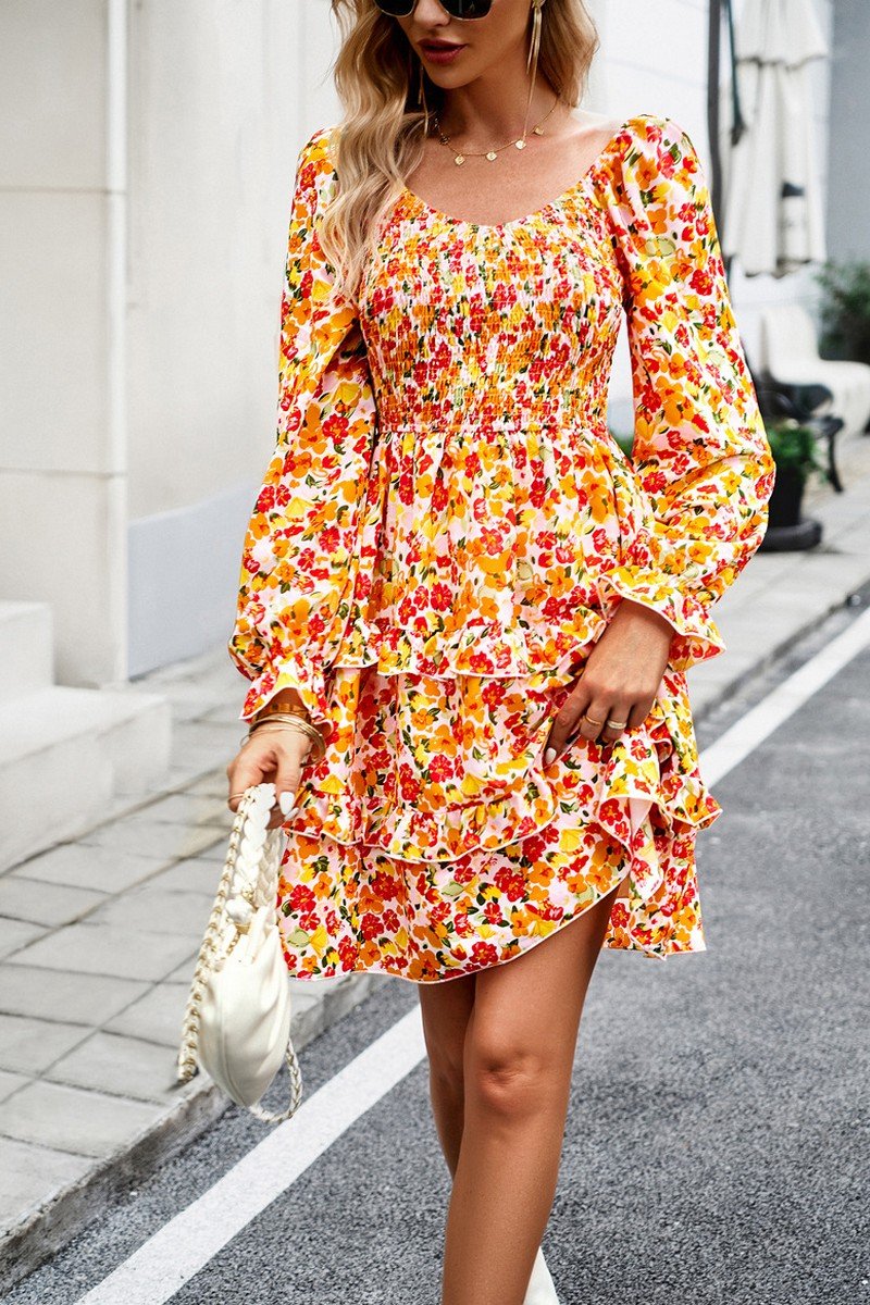 WOMEN LONG SLEEVE RUFFLE TIRED FLORAL FLOWY DRESS