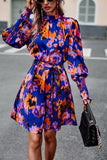 WOMEN SHIRRED HIGH NECK BELTED PRINTING DRESS