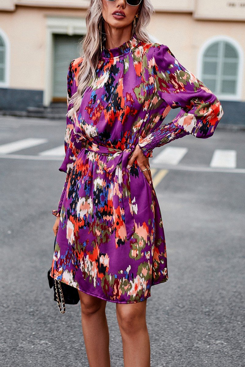 WOMEN SHIRRED HIGH NECK BELTED PRINTING DRESS