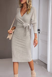 WOMEN CROSS WRAP FRONT TIED CORDUROY KNIT DRESS