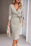 WOMEN CROSS WRAP FRONT TIED CORDUROY KNIT DRESS