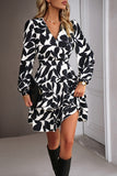 WOMEN WRAP STYLE PATTERNED LONG SLEEVE CAKE DRESS