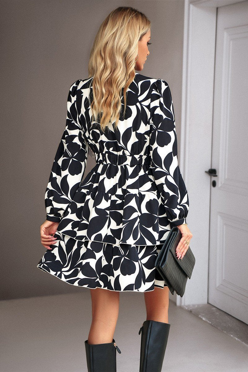 WOMEN WRAP STYLE PATTERNED LONG SLEEVE CAKE DRESS