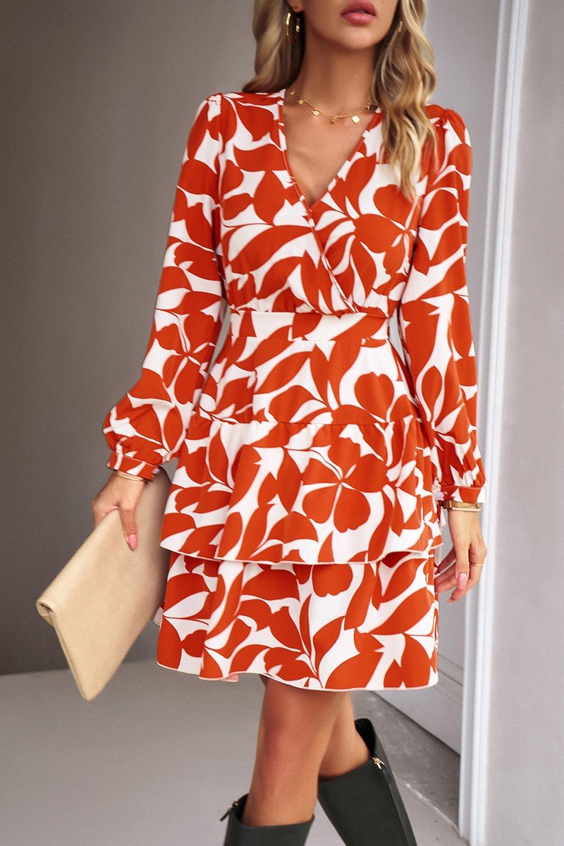 WOMEN WRAP STYLE PATTERNED LONG SLEEVE CAKE DRESS